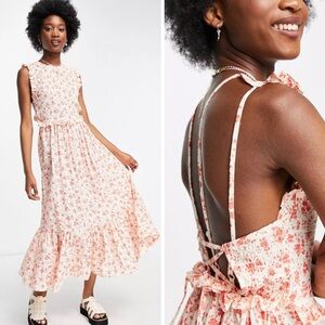 ASOS Design Floral High Neck Tiered Open Back Cotton Maxi Dress